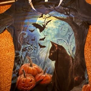 ONE WORLD Black and Blue Halloween Cat Blouse